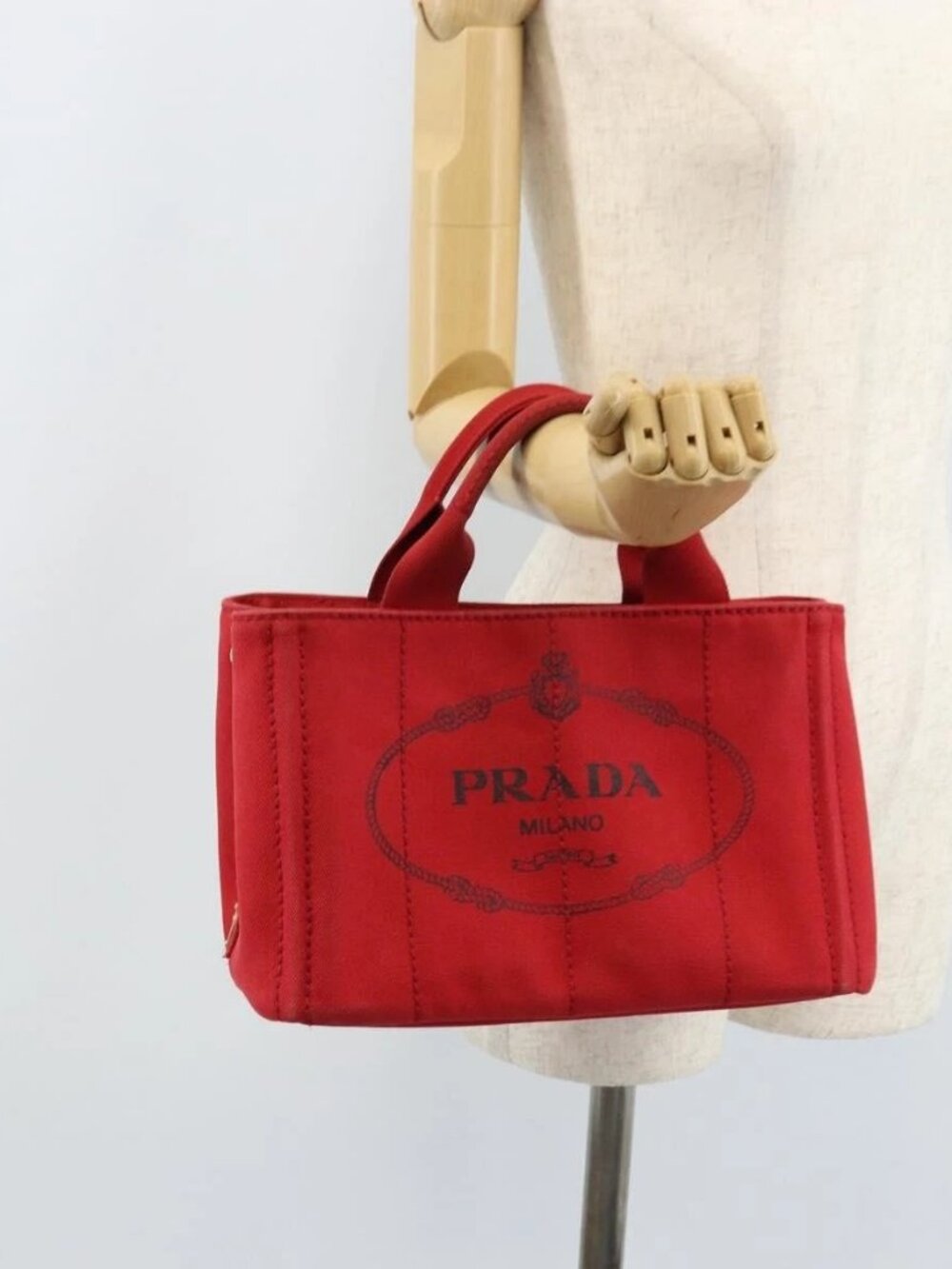 PRADA Canapa PM Hand Bag Canvas Red Gold Auth 173862